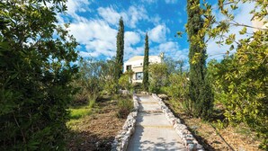 Un chemin de pierre menant à un bâtiment entouré de verdure.