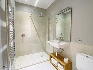 Combined shower/tub, hair dryer, towels, toilet paper