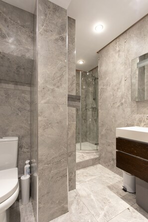 Combined shower/tub, hair dryer, towels, shampoo