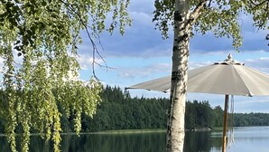 Area picnic sul lago con tavolo e panchina verdi, un albero e un tettoia.