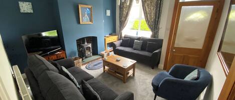 Smart TV, fireplace, DVD player, books