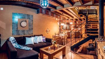 Tv, eldstad, böcker och en stereo