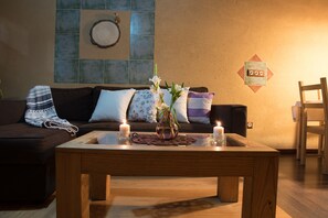 Tv, eldstad, böcker och en stereo