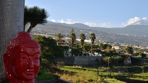 Blick auf eine Stadt mit einem Berg im Hintergrund, einer Statue im Vordergrund und einer Steinmauer.