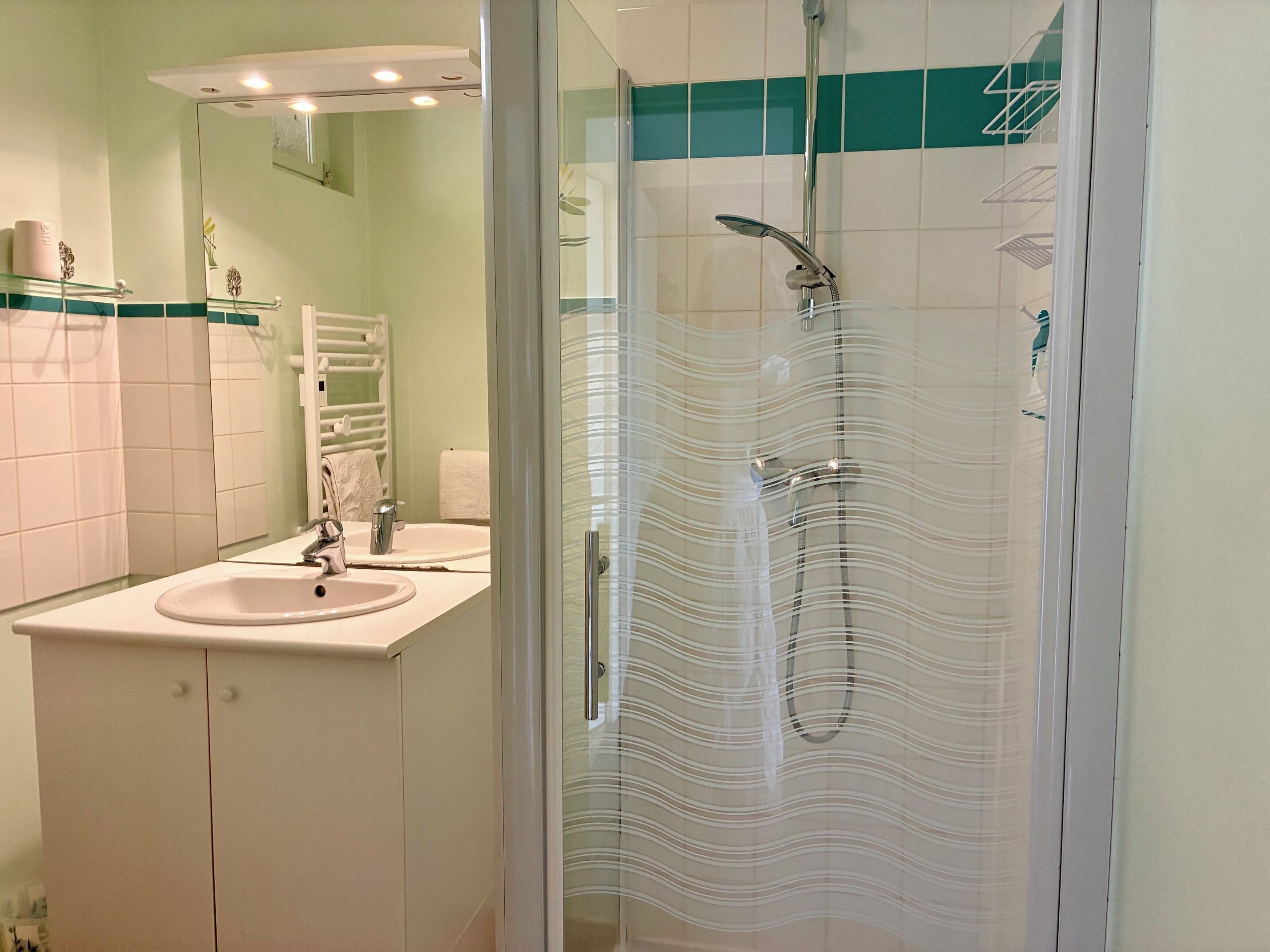 A bathroom with a glass-enclosed shower, a sink, and a mirror.