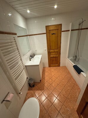 Combined shower/tub, hair dryer, towels