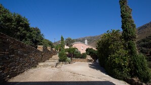Un muro de piedra, un edificio y un árbol alto.