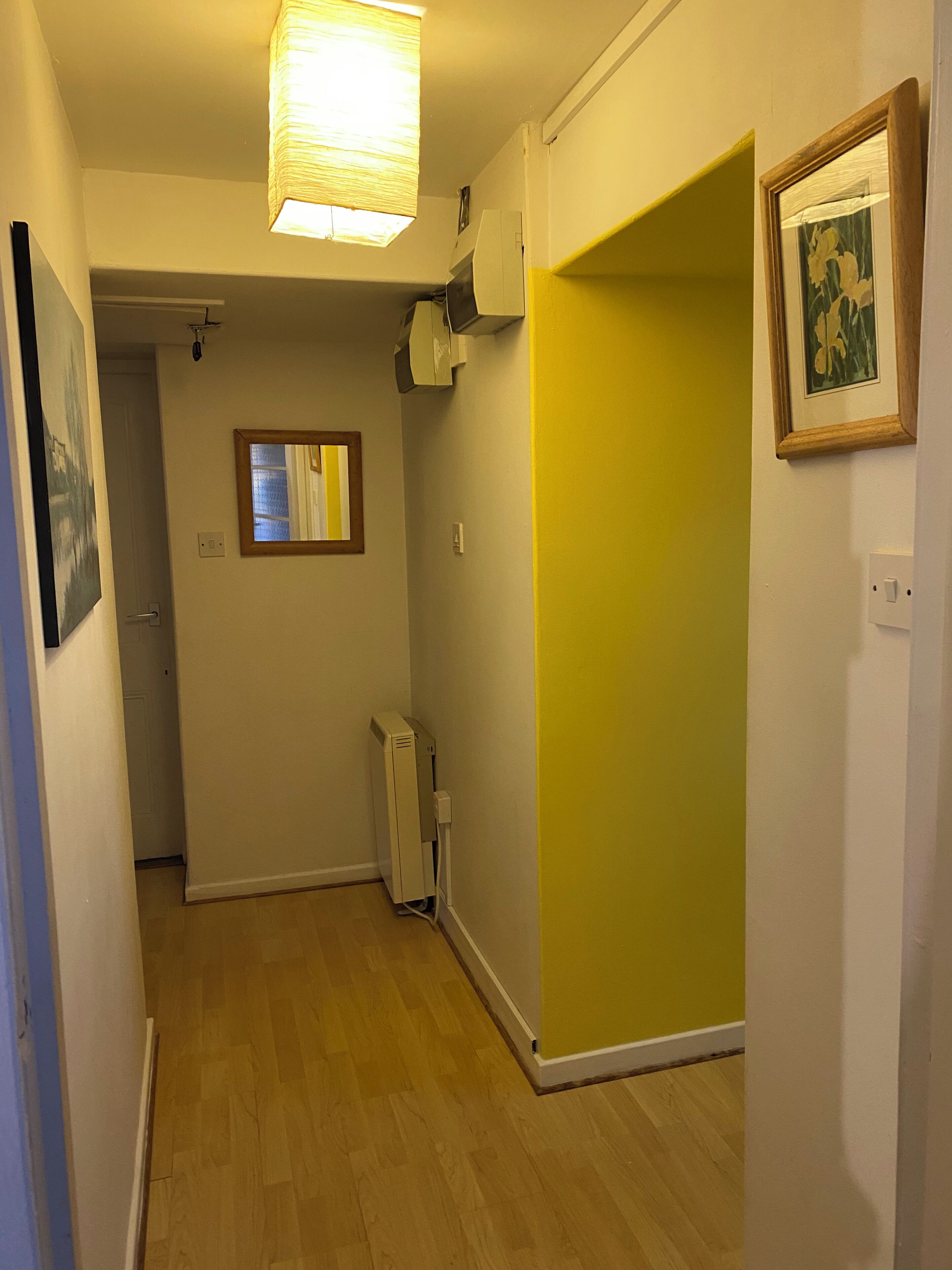 A narrow hallway with a radiator, a door leading to another room, and a light fixture on the ceiling.