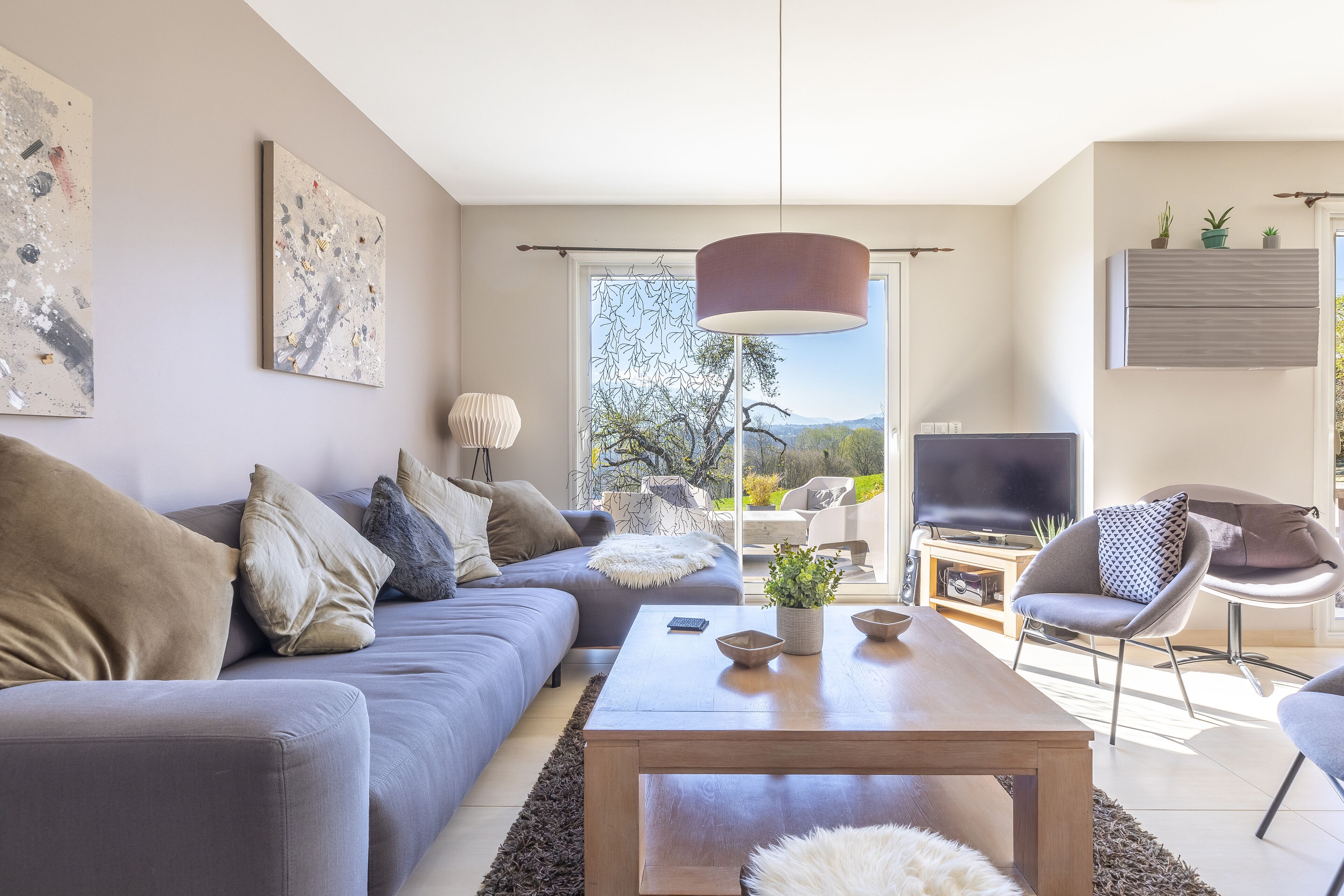 Televisión, reproductor de DVD, libros y estéreo 