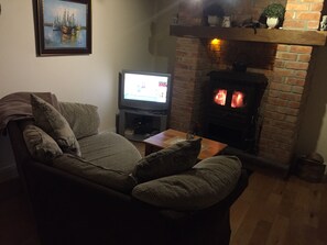 TV, lareira, DVD player, livros