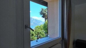 Ein Zimmer mit Fenster und Blick auf eine gebirgige Landschaft, ein Heizkörper unter dem Fenster und ein Vorhang auf der rechten Seite.