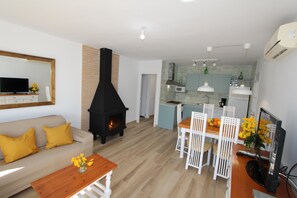 TV, fireplace