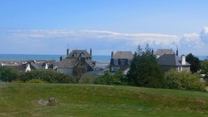 Un quartier résidentiel situé sur la côte, avec des maisons, un espace verdoyant au premier plan et une vue sur la mer et des bateaux au loin.