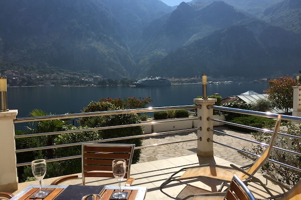 View from terrace accross fjord to Kotor
