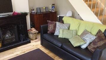 Smart TV, fireplace, DVD player, books