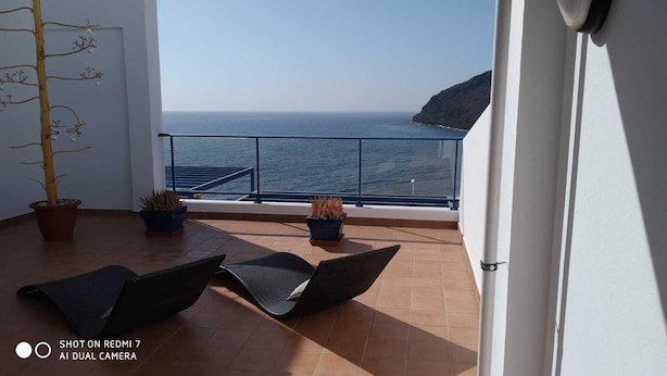 Un balcón con vista al mar, dos macetas con plantas y dos sillones de descanso negros.