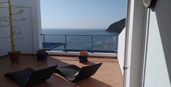 Un balcón con vista al mar, dos macetas con plantas y dos sillones de descanso negros.