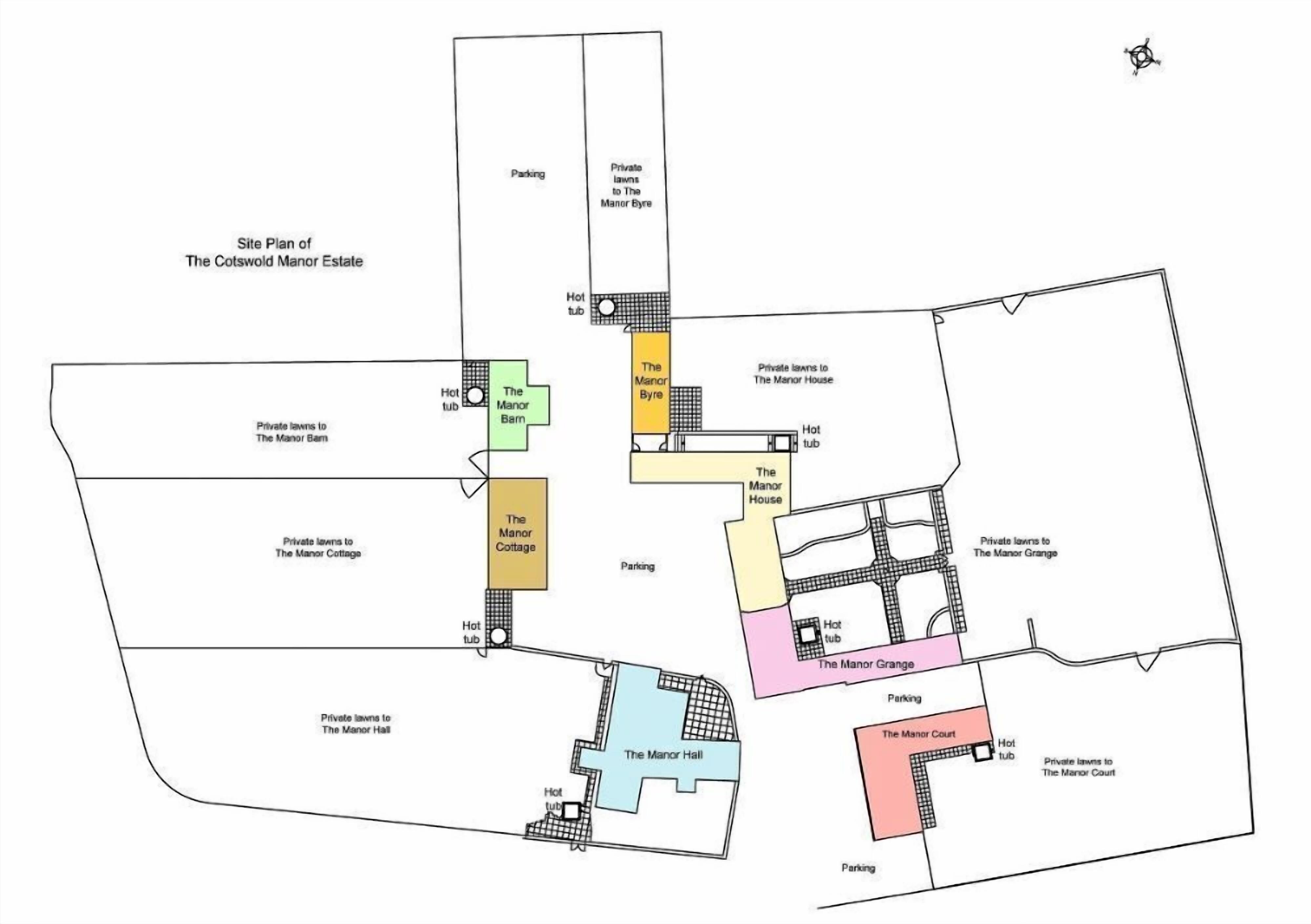 A site plan of The Cotswold Manor Estate with distinct areas like The Manor Barn, Manor Cottage, Manor House, Manor Grange, Manor Hall, and Manor Court, each with private lawns and hot tubs.