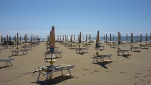 A beach with rows of sun loungers and umbrellas, a clear sky, and the ocean in the background.