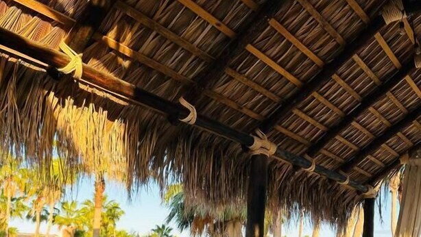 A thatched-roof outdoor area with a pool, wicker chairs, and a view of palm trees. - Paraiso Azul Hotel (Loreto)