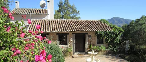 A stone house with a tiled roof, a satellite dish, and a garden with a fountain.