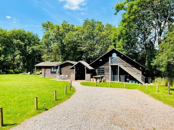 A rustic lodge with a gravel driveway leading to a wooden building with a large front porch and a staircase. - Buckstone Log Cabin with Private Grounds Nestled Into The Natural Woodland (Staunton)