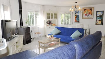 TV, fireplace, books, stereo
