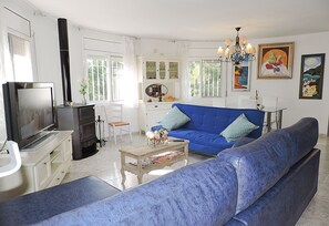 TV, fireplace, books, stereo