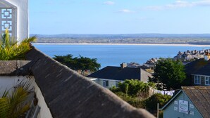 A coastal town with a view of the sea, houses with visible signage, and a clear sky.