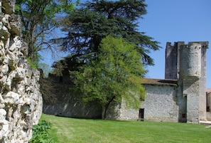 Un edificio de piedra con un gran árbol en primer plano, un patio cubierto de césped y una torre al fondo.