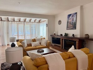 TV, fireplace, table tennis, books