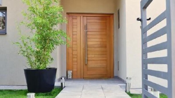A modern building entrance with a wooden double door, a potted plant, and a gated driveway. - House Zara Medulin - Beautiful modern house (Medulin)