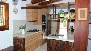 Une cuisine moderne avec des meubles en bois, un évier en acier inoxydable et un four encastré.