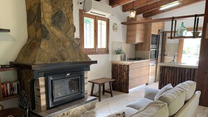 Un salon chaleureux avec une cheminée en pierre, un canapé et, au fond, une cuisine.
