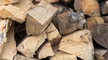 A close-up of stacked firewood logs.