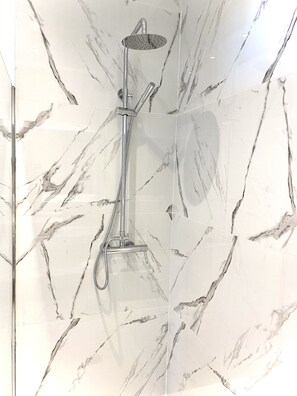 Combined shower/tub, hair dryer, towels, soap