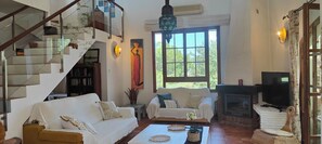 Una Smart TV, una chimenea, un reproductor de DVD, libros