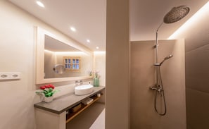 Combined shower/tub, hair dryer, towels, toilet paper