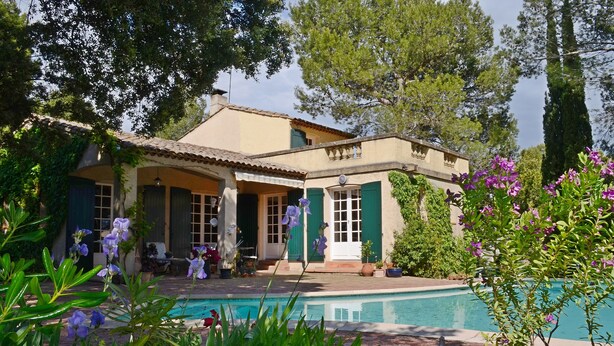 Une maison avec une piscine, entourée d’une végétation luxuriante et de fleurs violettes.