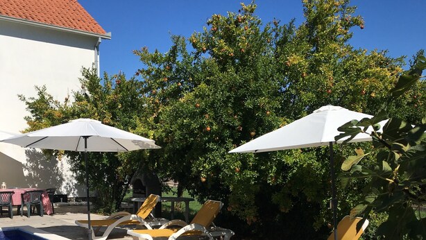 A swimming pool with lounge chairs and umbrellas, surrounded by trees and a building with a red-tiled roof. - Villa in Gosici, Radovici. Private Pool, BBQ, peaceful location, stunning views. (Gošići)