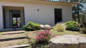 A modern building with a flat roof, large windows, and a well-maintained garden with rocks and shrubs. - Big house  with garden (Sotta)