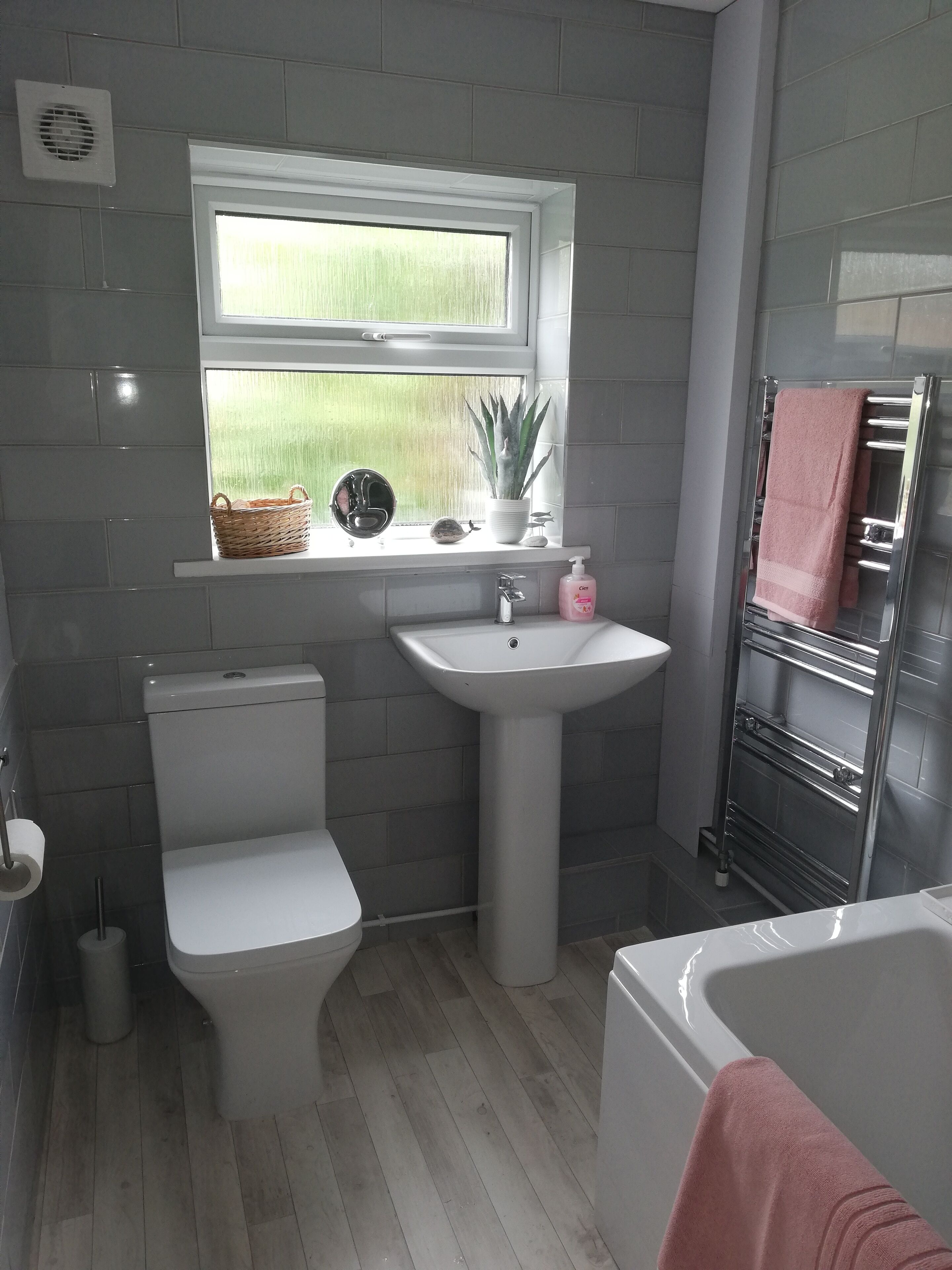 Bathtub, hair dryer, towels, soap