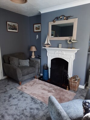 TV, fireplace, books