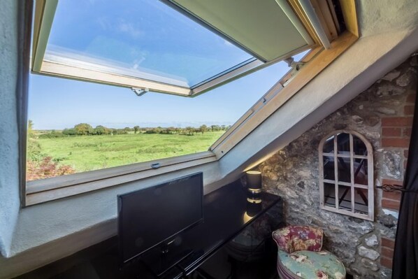 A room with a skylight, a television, a stone wall, and a small window.