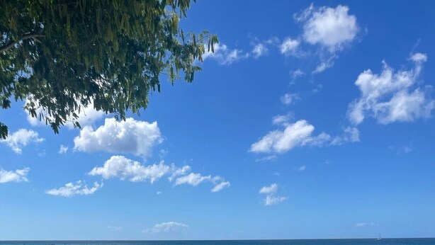 A clear view of a turquoise sea with a metal railing in the foreground, a tiled patio area, and a distant boat on the horizon. - Charming 2 bedroom 2 shower room self catering  apt on a gorgeous quiet beach (Fitts Village)