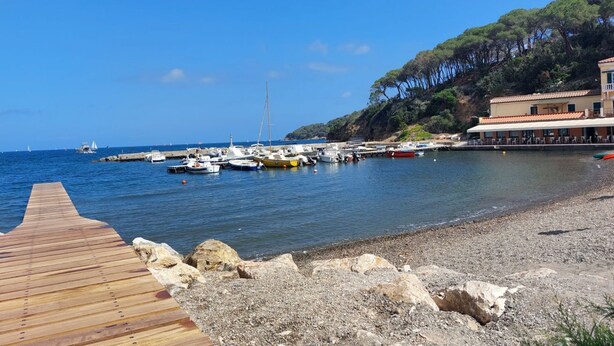 Uma marina costeira com barcos atracados, um cais de madeira e um edifício com telhado de azulejos.