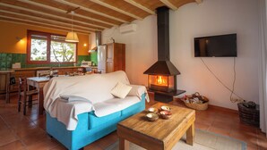 A cozy living room with a blue sofa, wooden coffee table, and a fireplace. - Eco country house near Costa Brava. Garden, pool and views (LLADO)