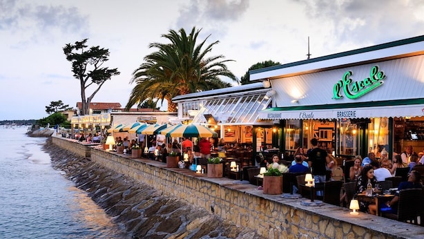 Un restaurant en bord de mer avec une terrasse offrant une vue sur l’océan, agrémenté d’un mur de soutènement en pierre et de palmiers.