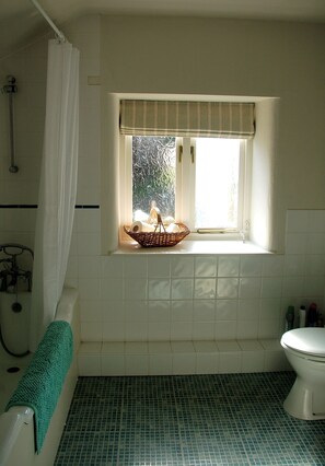 Bathtub, hair dryer, towels, soap