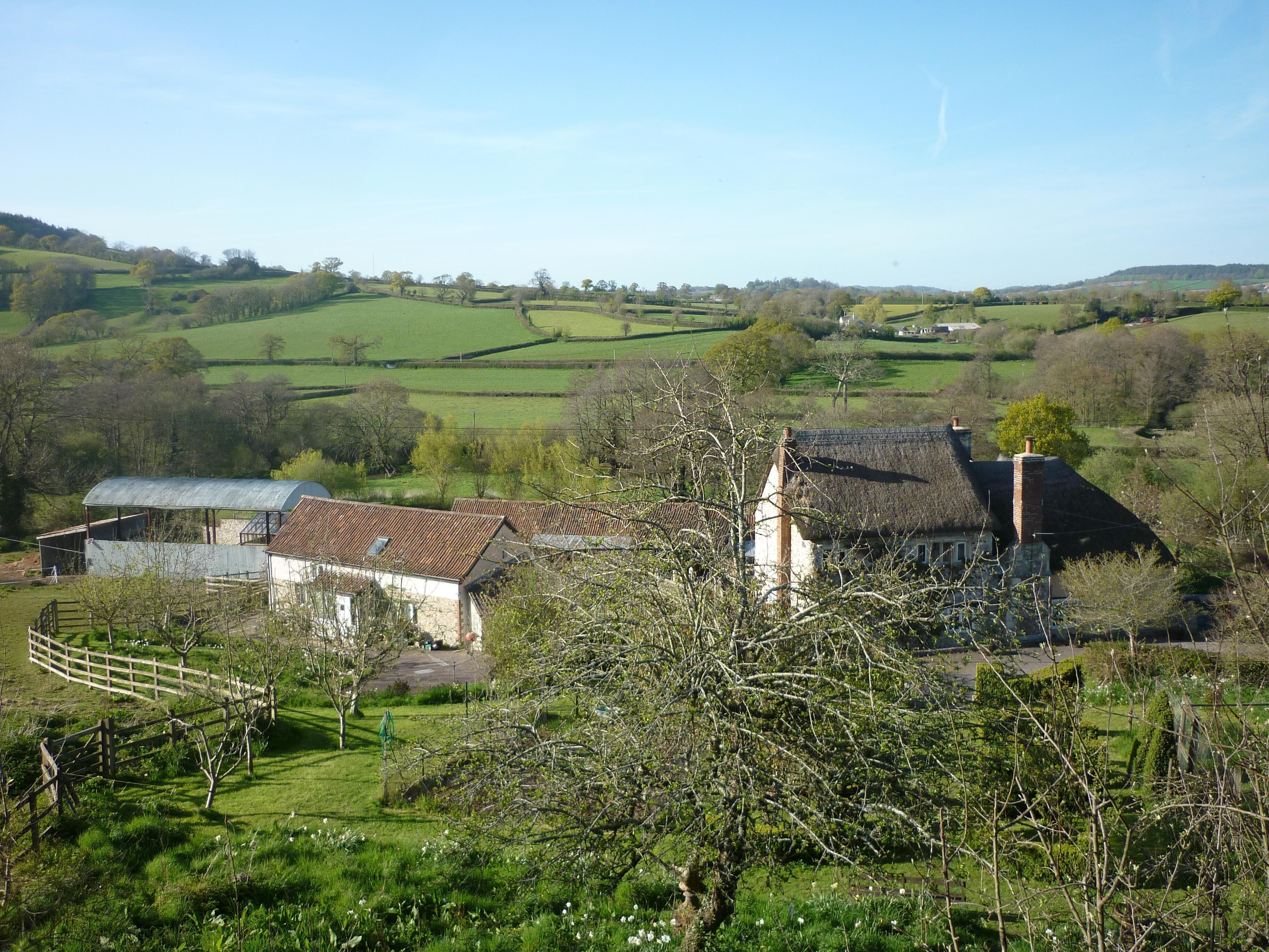 A rural landscape with traditional stone houses, a fenced garden, and rolling green fields.